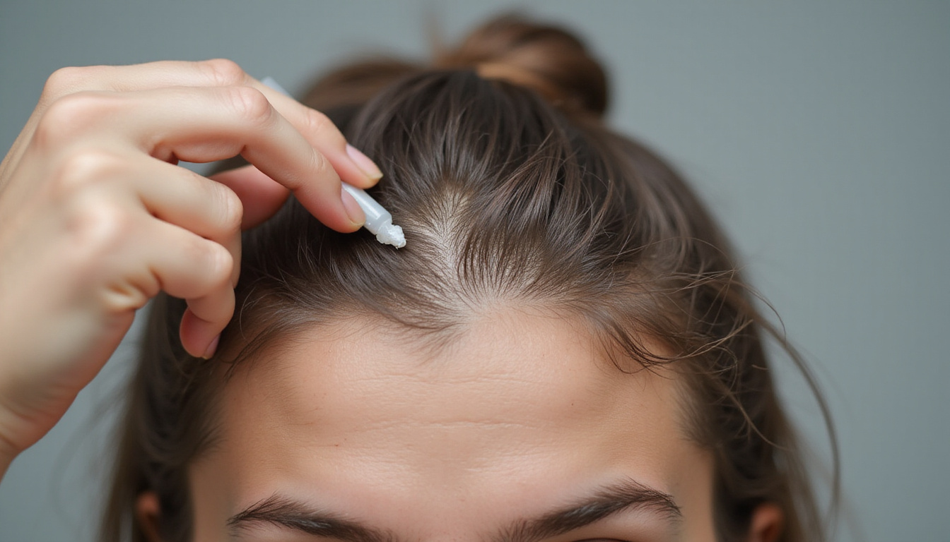  Close-up scalp with visible thinning patches, gentle hand applying topical serum, soft lighting