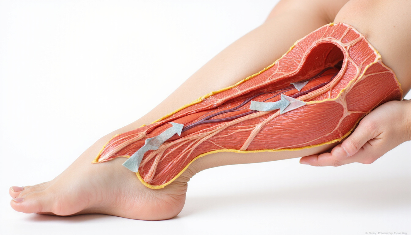 Cross-section of leg showing veins, cuffs compressing, arrows of restricted blood circulation, muscle fibers regenerating