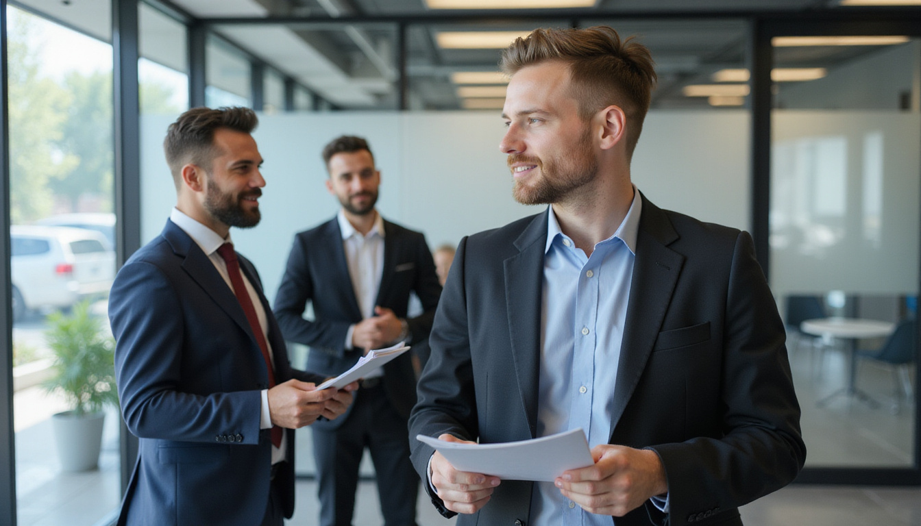  Confident creative presenting polished portfolio to well-dressed corporate clients in glass office