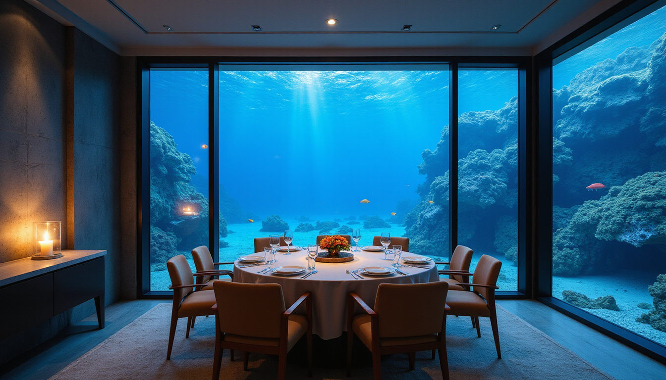  Private underwater suite, floor-to-ceiling glass, luminous coral reef panorama, candlelit dining table, silk linens