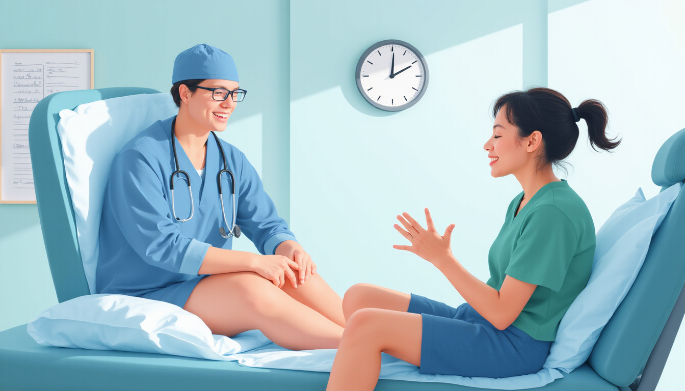  Patient celebrating non-surgical knee recovery, clinician smiling, clinic environment, optimistic medical illustration