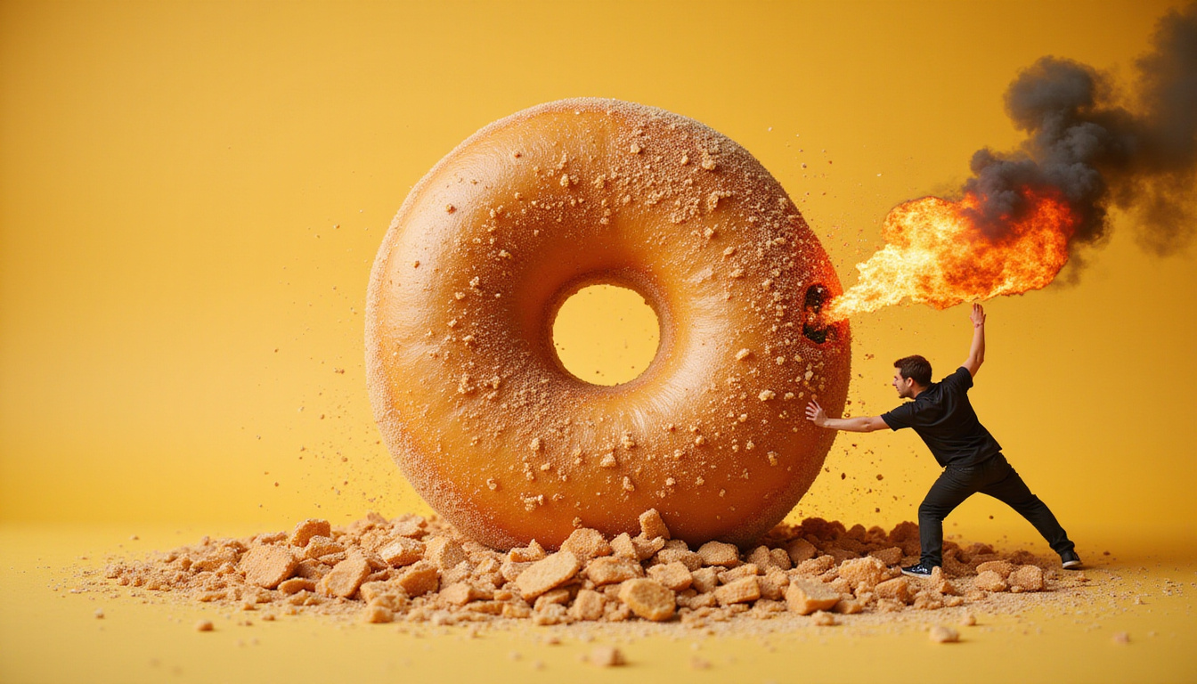 Defiant person crushing oversized donut, shards of sugar exploding, torch flame burning carbs