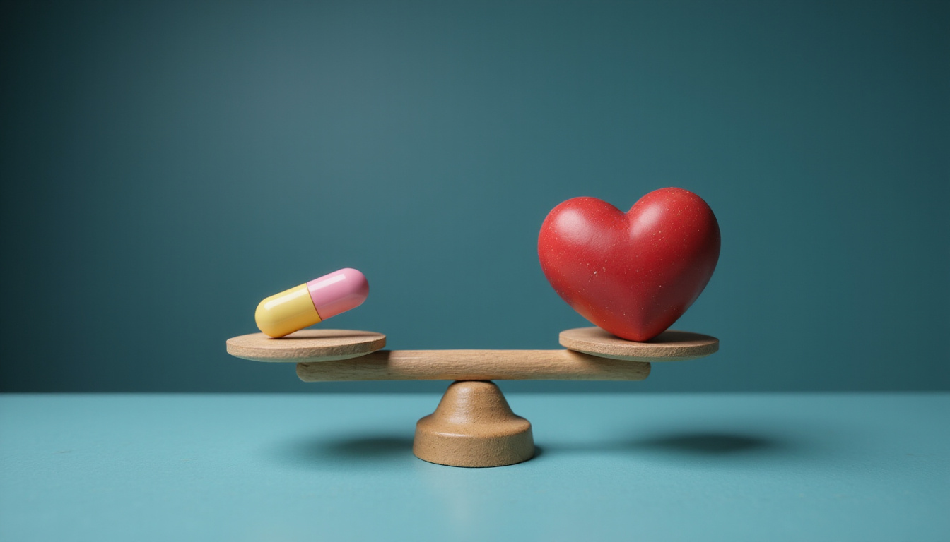Conceptual balancing scales: pill versus heart, caution symbol hovering, moody clinical background