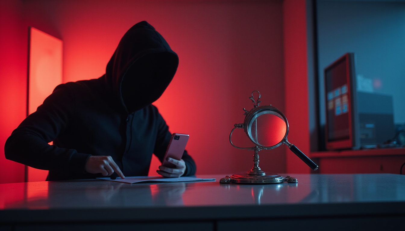 Shadowy scammer behind counter, phone showing red scam alert, magnifying glass revealing counterfeit scale
