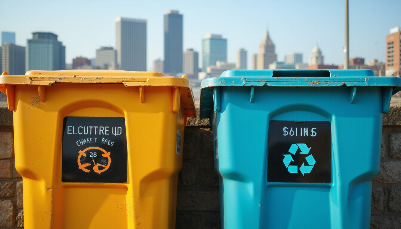 Close-up of labeled dumpsters with digital cost-savings gauge, city skyline, clean recycling symbols