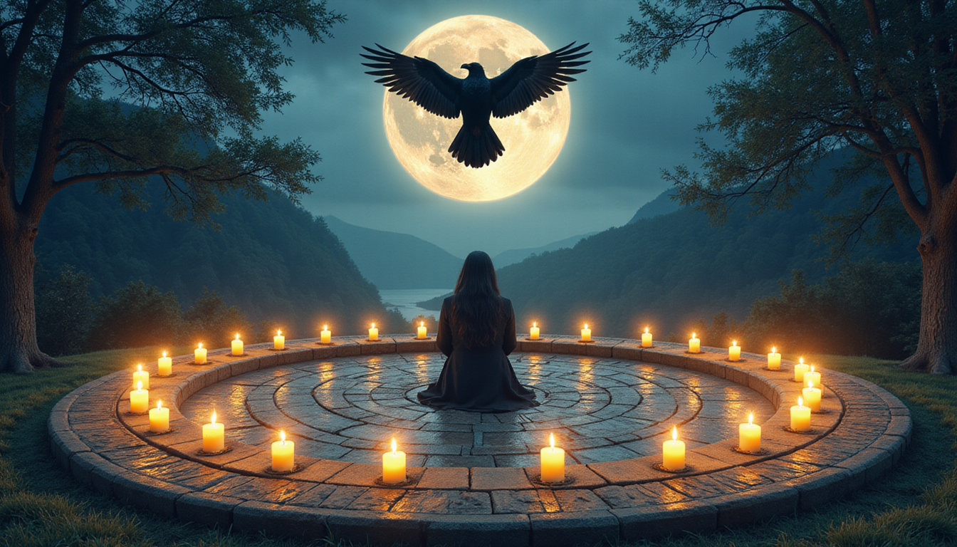 Ancient protective ward of runes encircling a seeker, candles, moonlight, guardian raven overhead