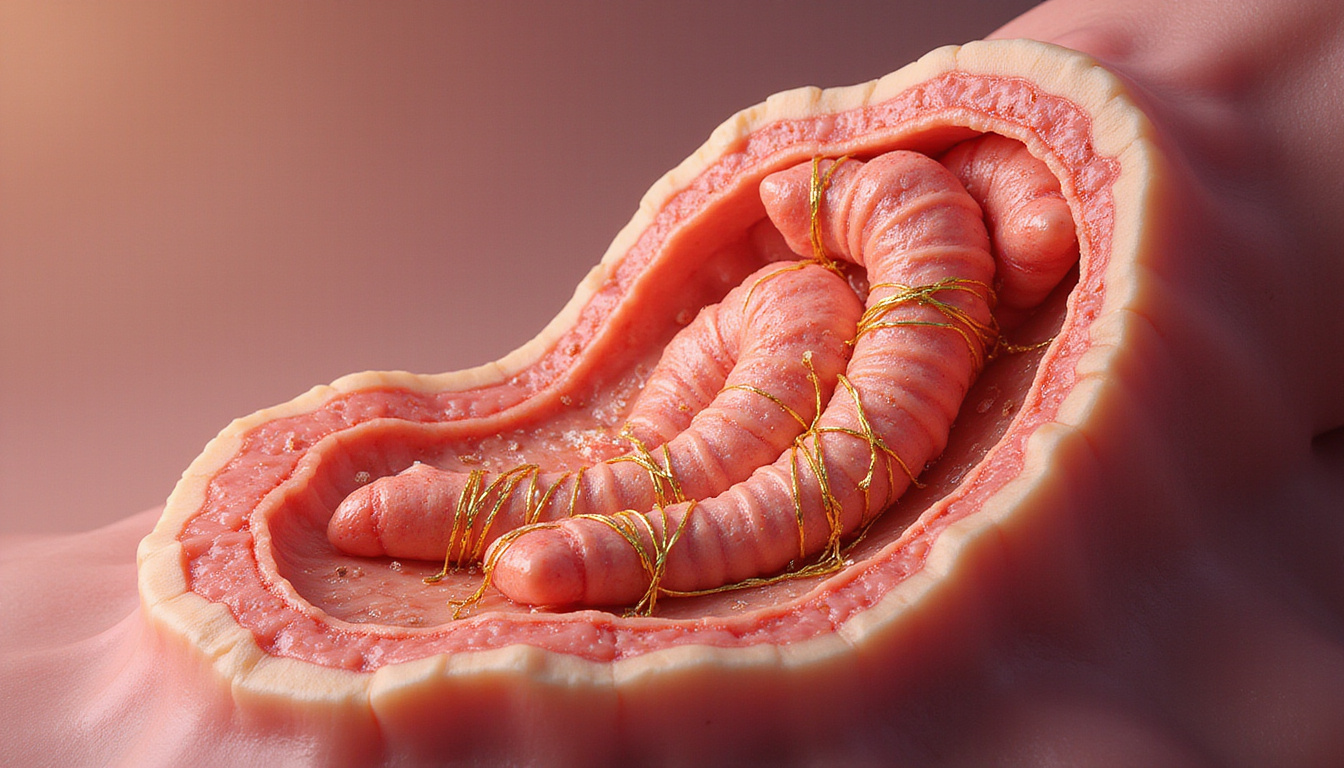  Surreal anatomical illustration: healing skin and intestine bound by golden collagen threads, medical infographic style
