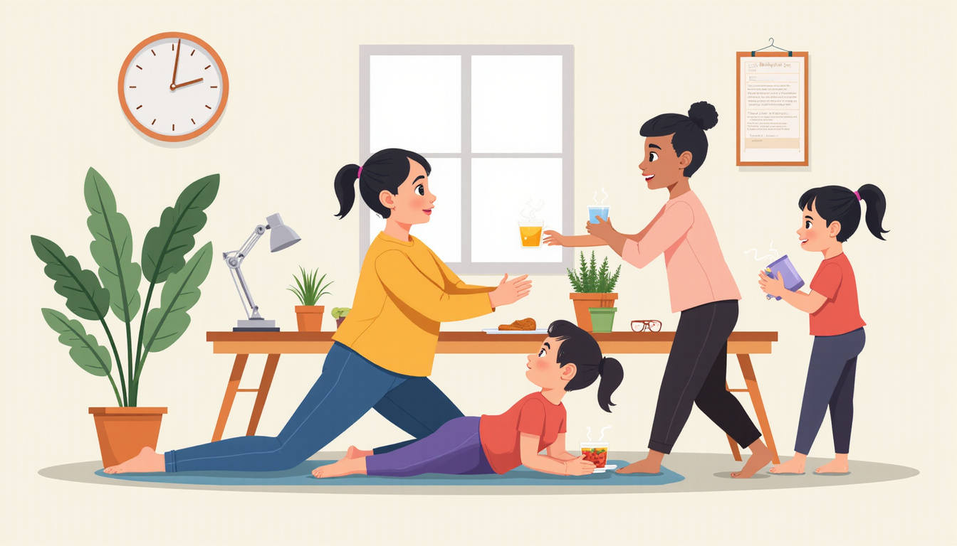  Diverse people practicing morning routine: stretching, healthy breakfast, medication, calendar check, supportive smile
