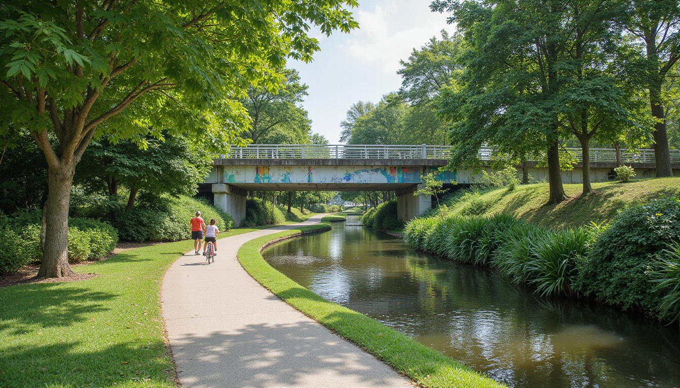 Lush Bishan-Ang Mo Kio park canal, winding footpaths, cycling family, hidden mural under footbridge