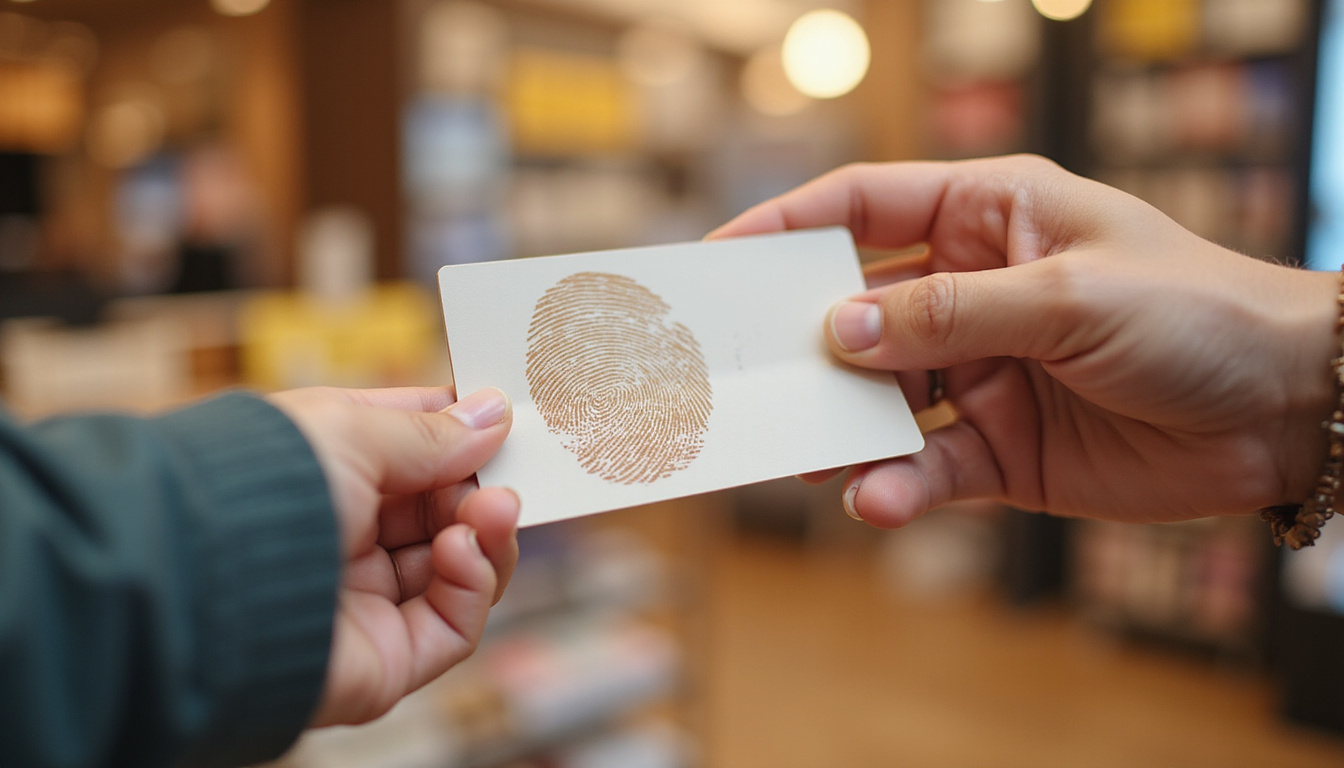 Hand receiving embossed loyalty card, fingerprint texture overlay, soft-focus store background, warm hues