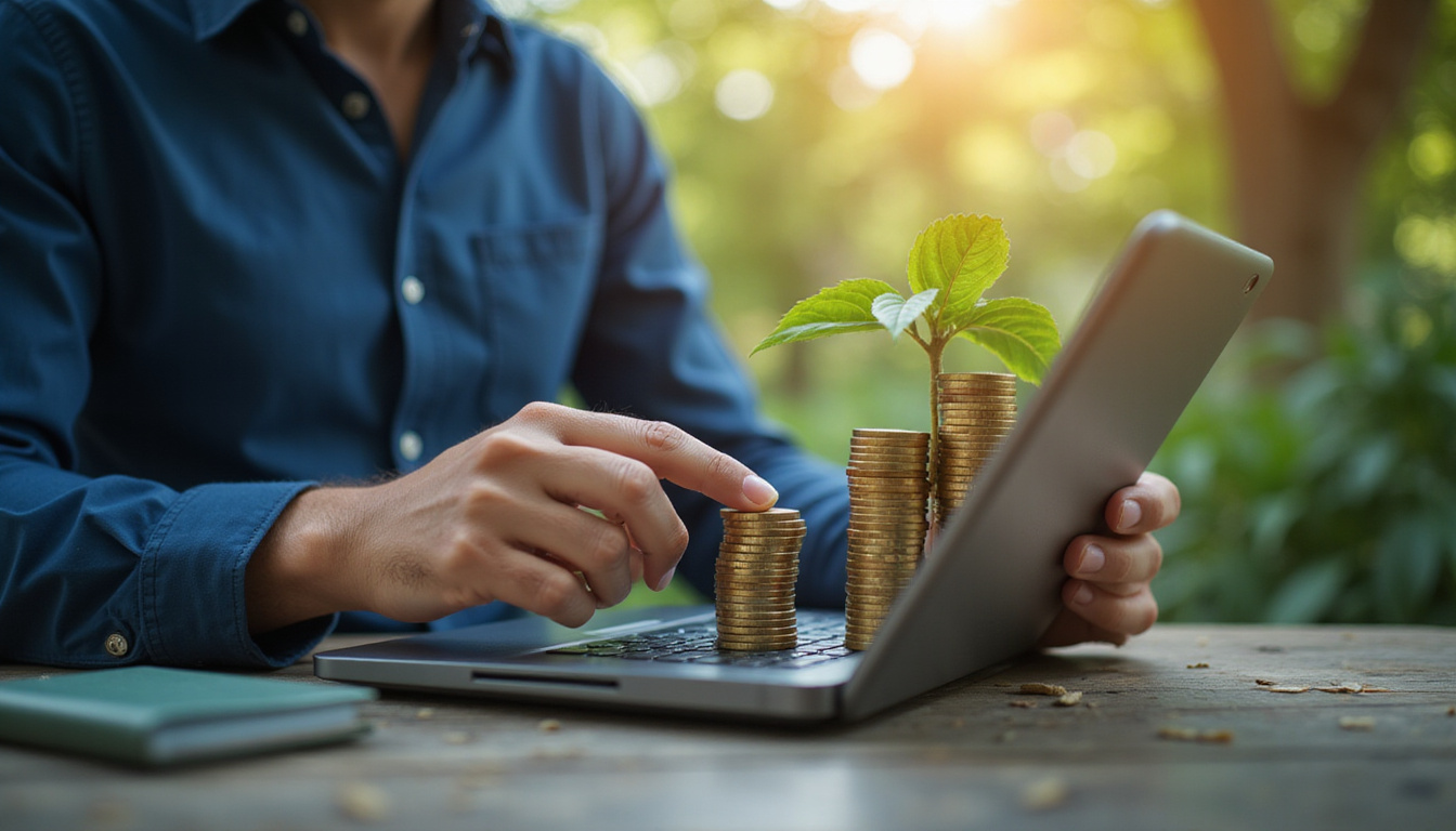  Calm investor studying glowing stock chart on tablet, coins stacking into growing money tree, soft bokeh