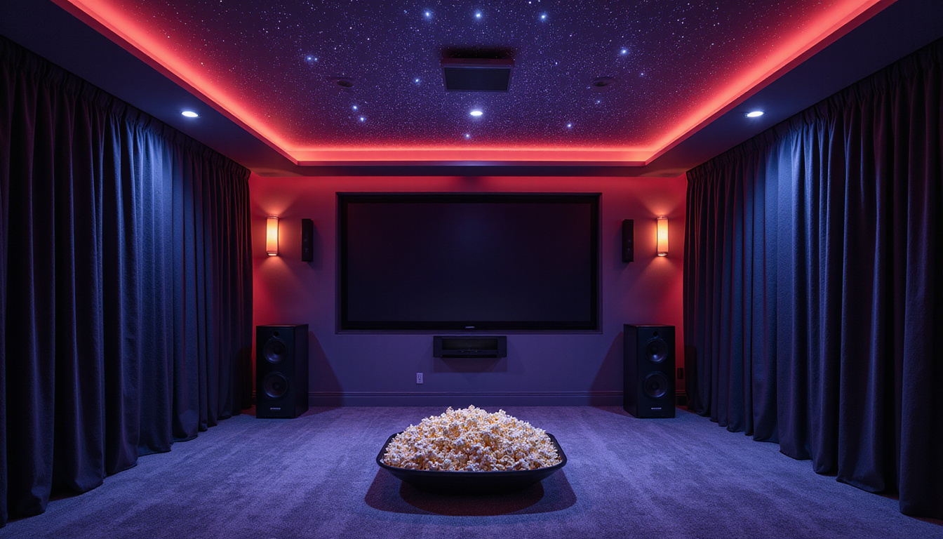 Elegant dark-paneled room with blackout curtains, surround speakers, popcorn tray, starry ceiling lighting