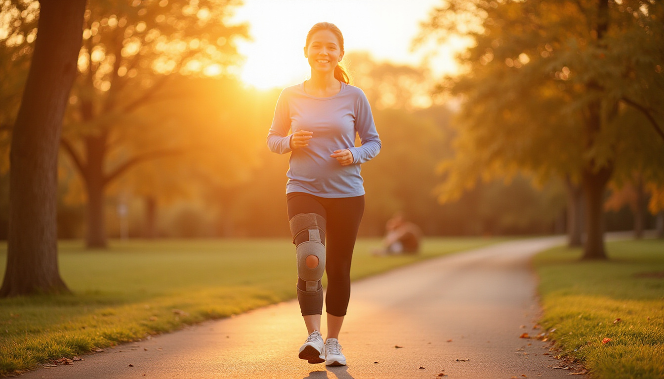  Active middle-aged woman walking happily with knee brace, sunlight, mobility improvement, sunset park