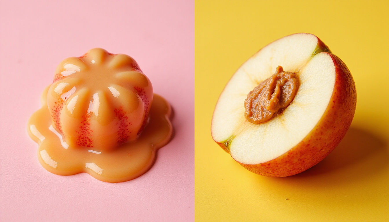 Before-and-after swap: melting candy turning into sliced apple, almond butter, vibrant sunlight