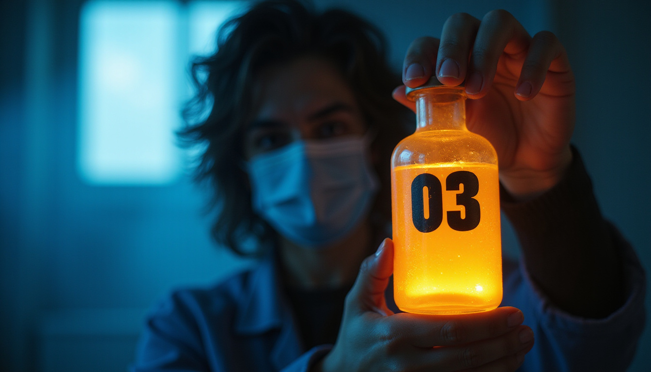 Mysterious doctor silhouette withholding glowing vial labeled O3, dramatic lighting, whispers of healing