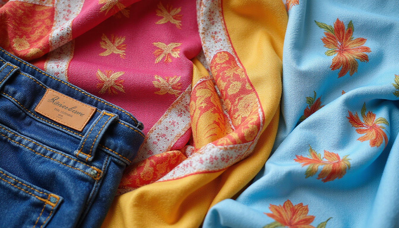  Flatlay of luxury labels and bargain tags, silk scarves, denim, resale sticker, editorial composition