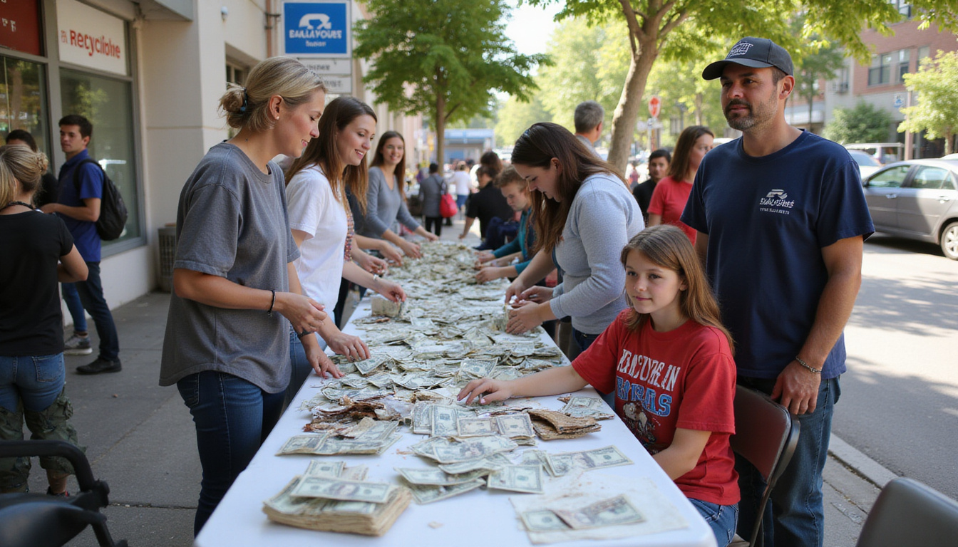  Community swap meet table exchanging repaired white goods for cash, smiling people, recycling signs