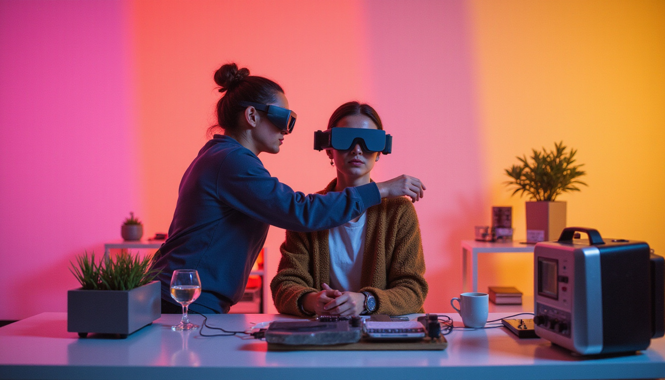  Ganzfeld experiment scene, participant wearing halved ping-pong goggles, researcher recording results, vintage equipment