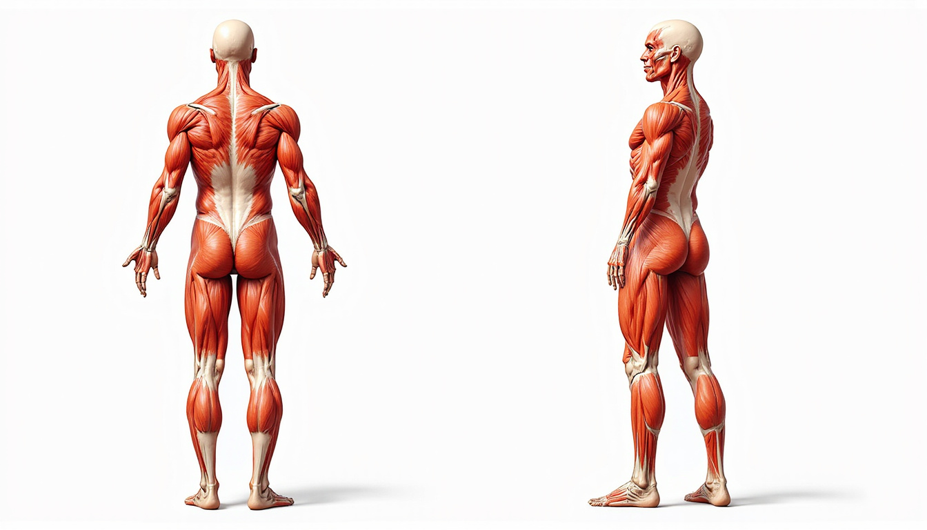  Dynamic anatomical illustration of scapular dyskinesis, before and after posture correction, detailed muscles