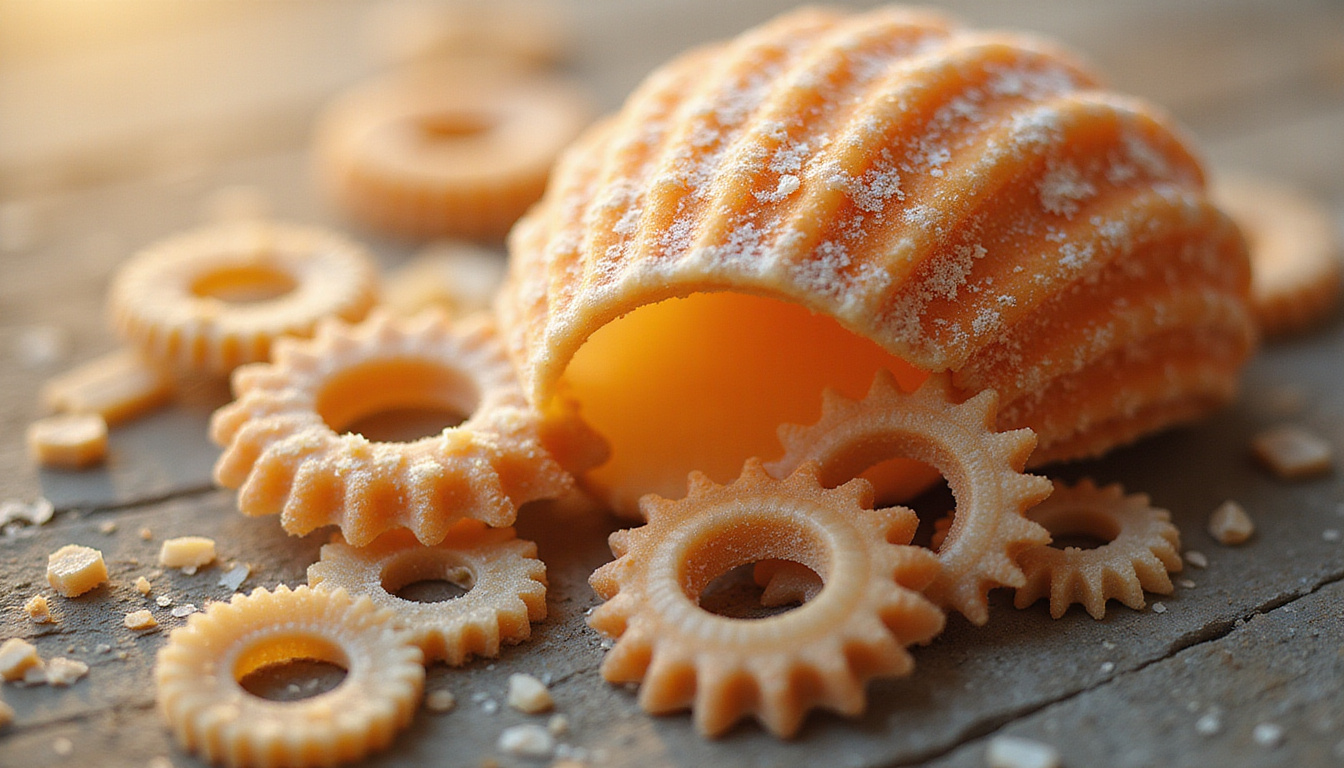  Macro seashell textures transforming into translucent industrial gears and eco-friendly packaging, warm golden light