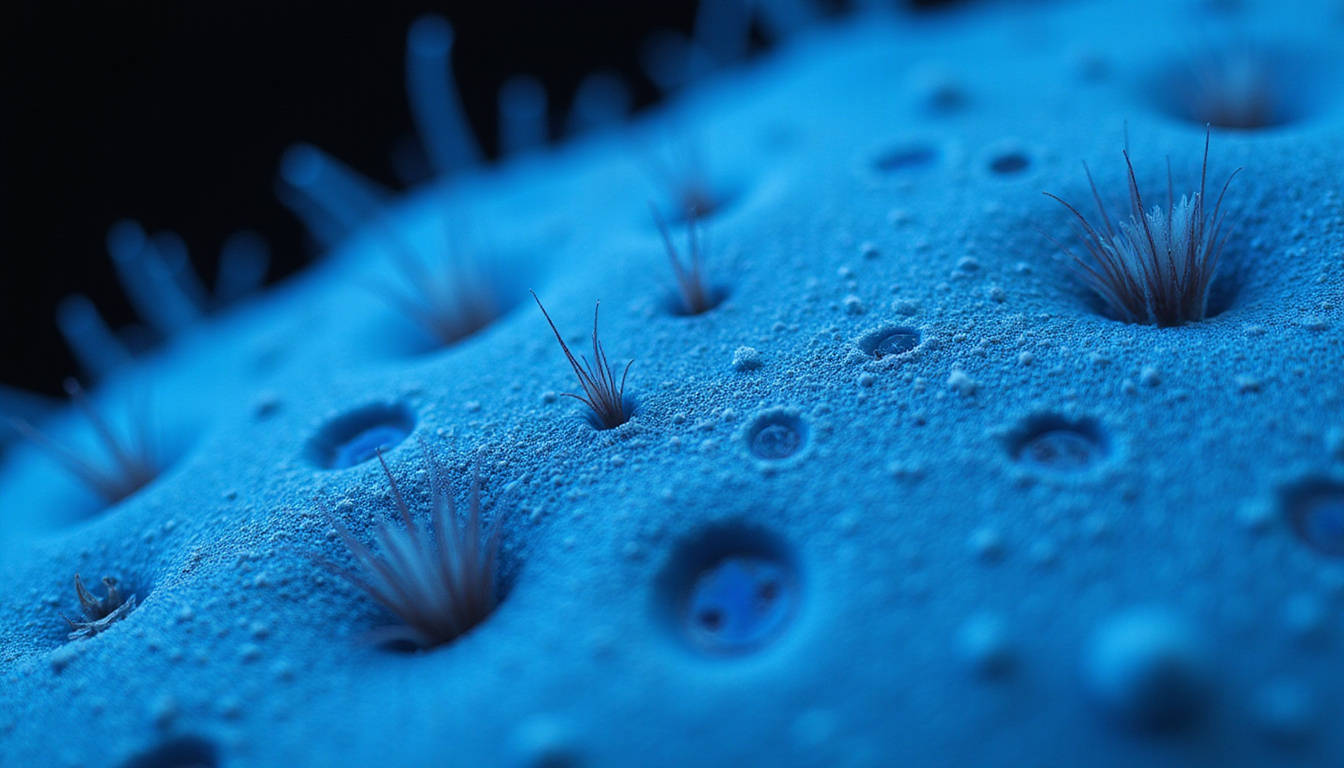  Close-up trichoscopy screen showing miniaturized hairs, perifollicular scaling, vascular patterns, cool blue tones