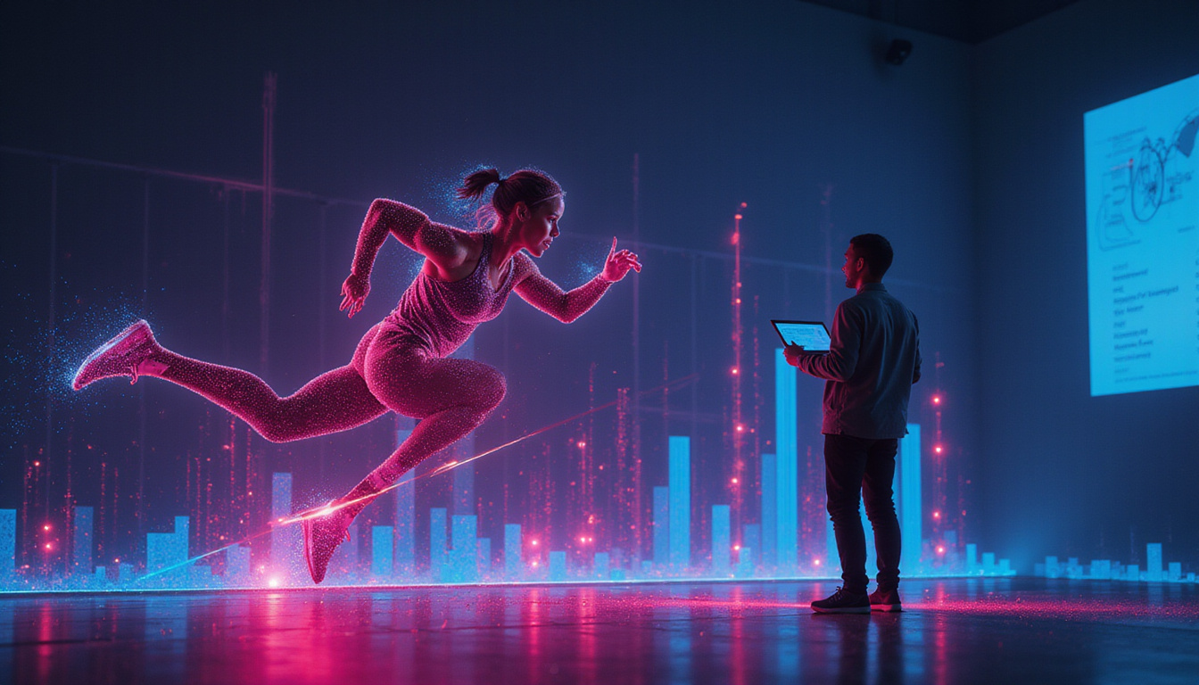  Athlete sprinting with neon performance metrics overlay, physiotherapist analyzing biomechanics on tablet