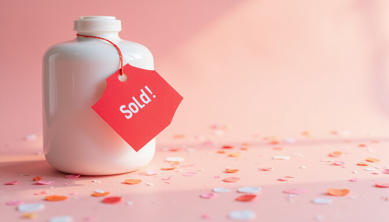 minimalist product photo, soft light, clear price tag, urgent red sold sticker, confetti