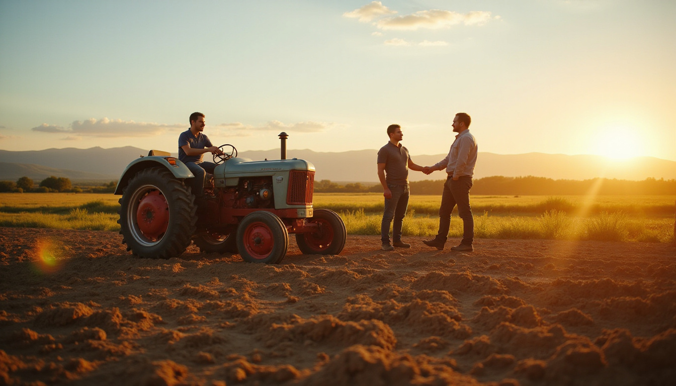  Investor shaking hands with farmer beside rich loamy soil field, vintage tractor, warm cinematic lighting