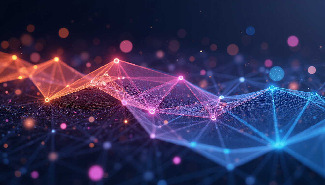 Scalable analytics strategy visualized as expanding geometric mesh, nodes linked, KPI icons, dynamic flow