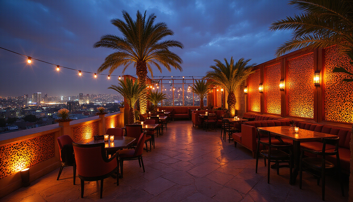  Luxurious rooftop terrace, Arabic mashrabiya screens, chic patrons, live oud musician, twinkling city lights