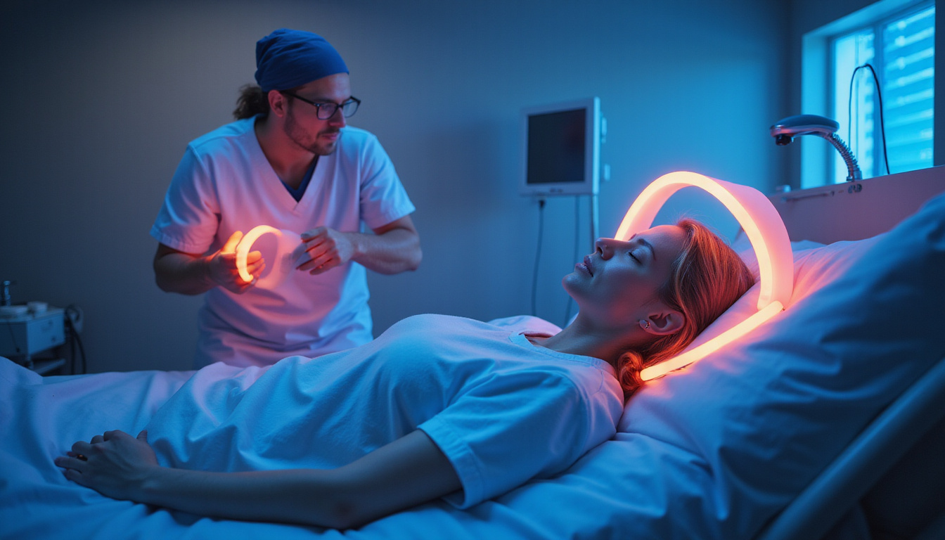 Patient reclining post-surgery receiving multimodal care, glowing pain-relief halo, physiotherapist guiding gentle exercises