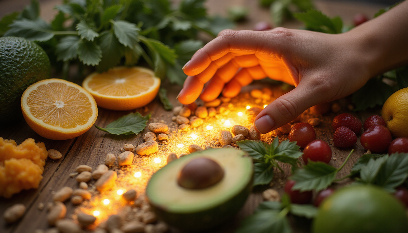  Gentle hand touching glowing sensory pathways surrounded by fresh fruits, nuts, herbs, avocado