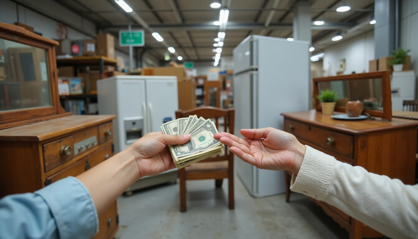 Close-up hands exchanging cash beside reclaimed appliances and vintage furniture labeled for resale in warehouse