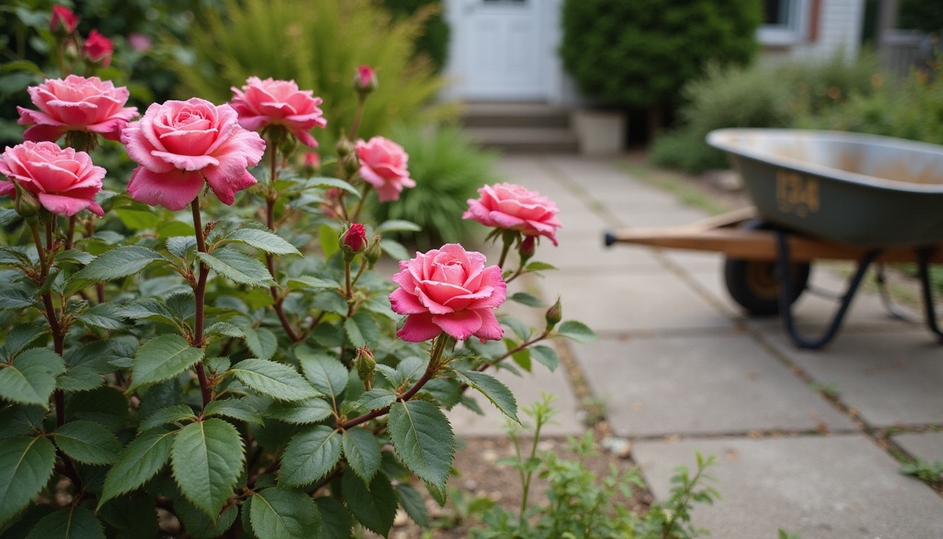  Close-up of hands pruning roses, pruning shears, wheelbarrow, clean walkway, painted mailbox