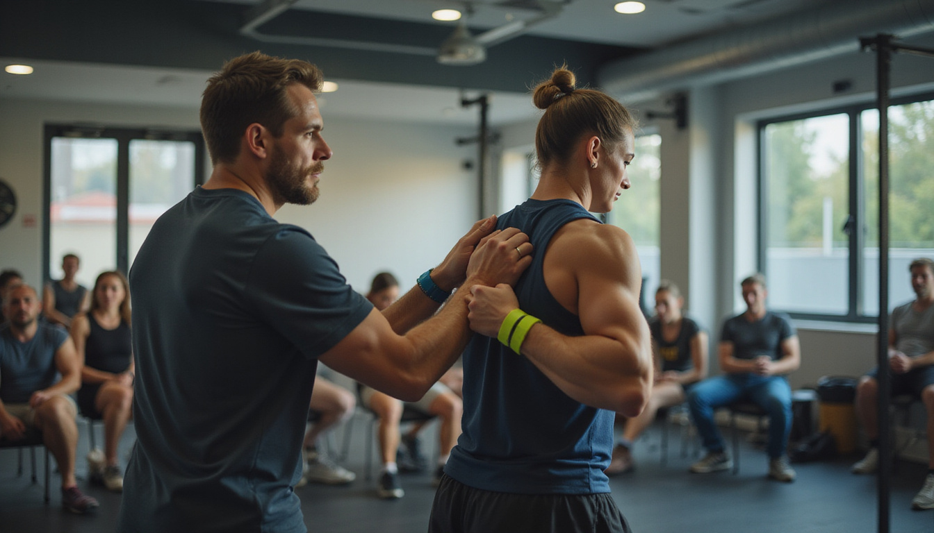  coach guiding player through shoulder rehab exercises, resistance bands, supportive crowd, soft cinematic lighting