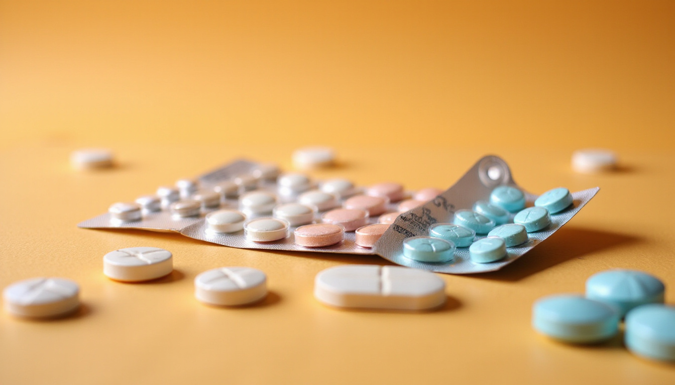  Close-up of assorted treatments: flutamide pill blister, alternatives like spironolactone, counseling brochure, warm lighting