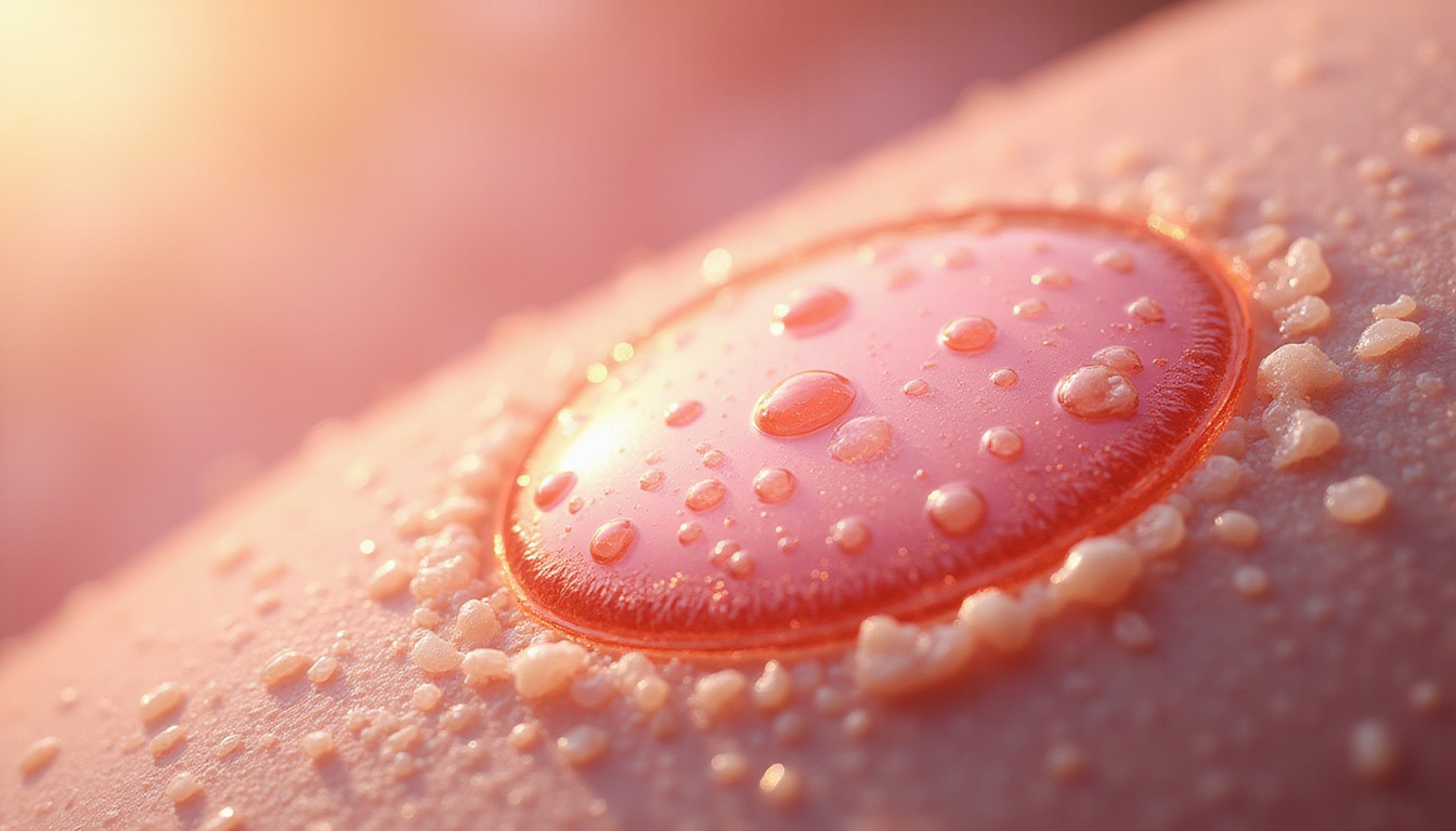  Medical illustration close-up skin absorption, transparent hormone patch releasing microdroplets, scientific yet warm palette