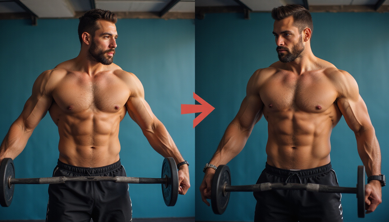 Split-screen comparison showing weak muscle vs corrected strength, arrows, rehab tools, warm cinematic lighting