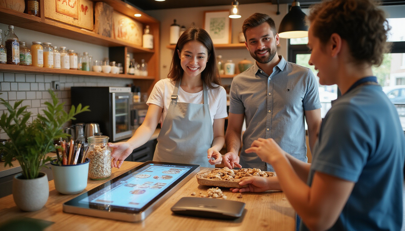Interactive countertop display with touchscreens, sample trays, warm lighting, smiling cashier, shoppers reaching
