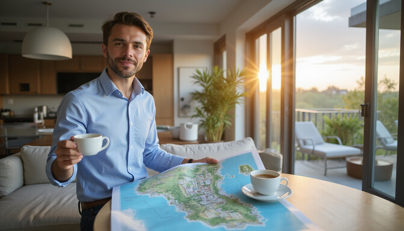 Real estate investor studying coastal property map beside modern villa, charts, coffee, warm lighting