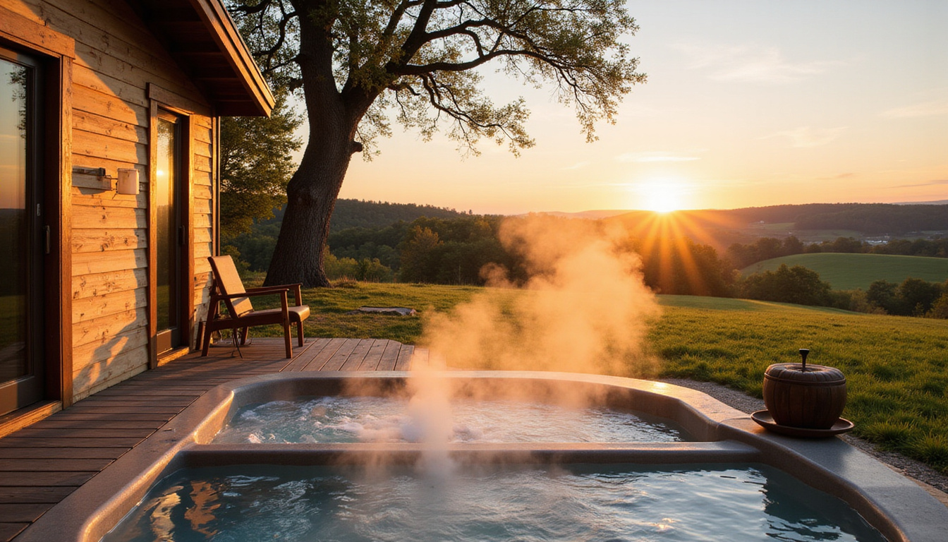  Tranquil countryside spa cabin, steaming outdoor hot tub, eucalyptus, sunrise, yoga, minimal Scandinavian decor