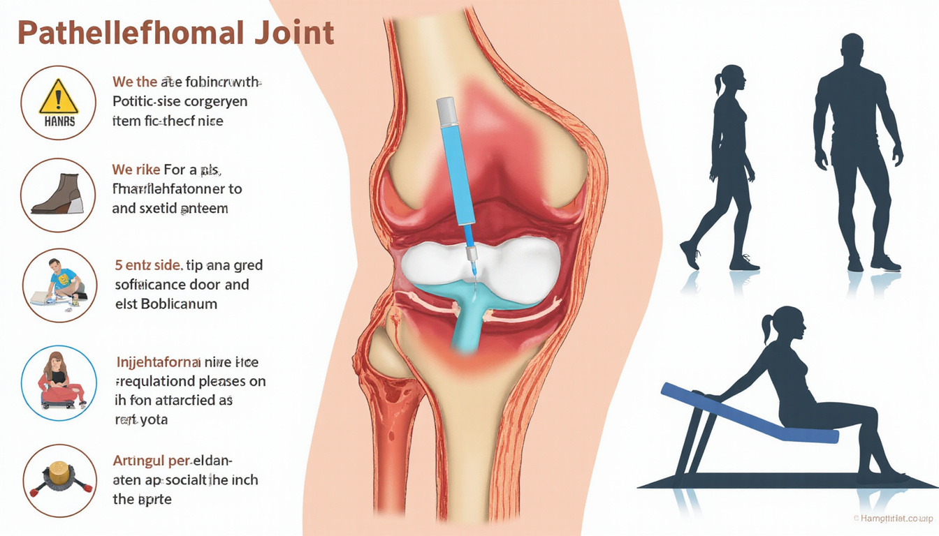  Educational cross-sectional illustration of patellofemoral joint showing injection site, risks icons, recovery exercise silhouettes