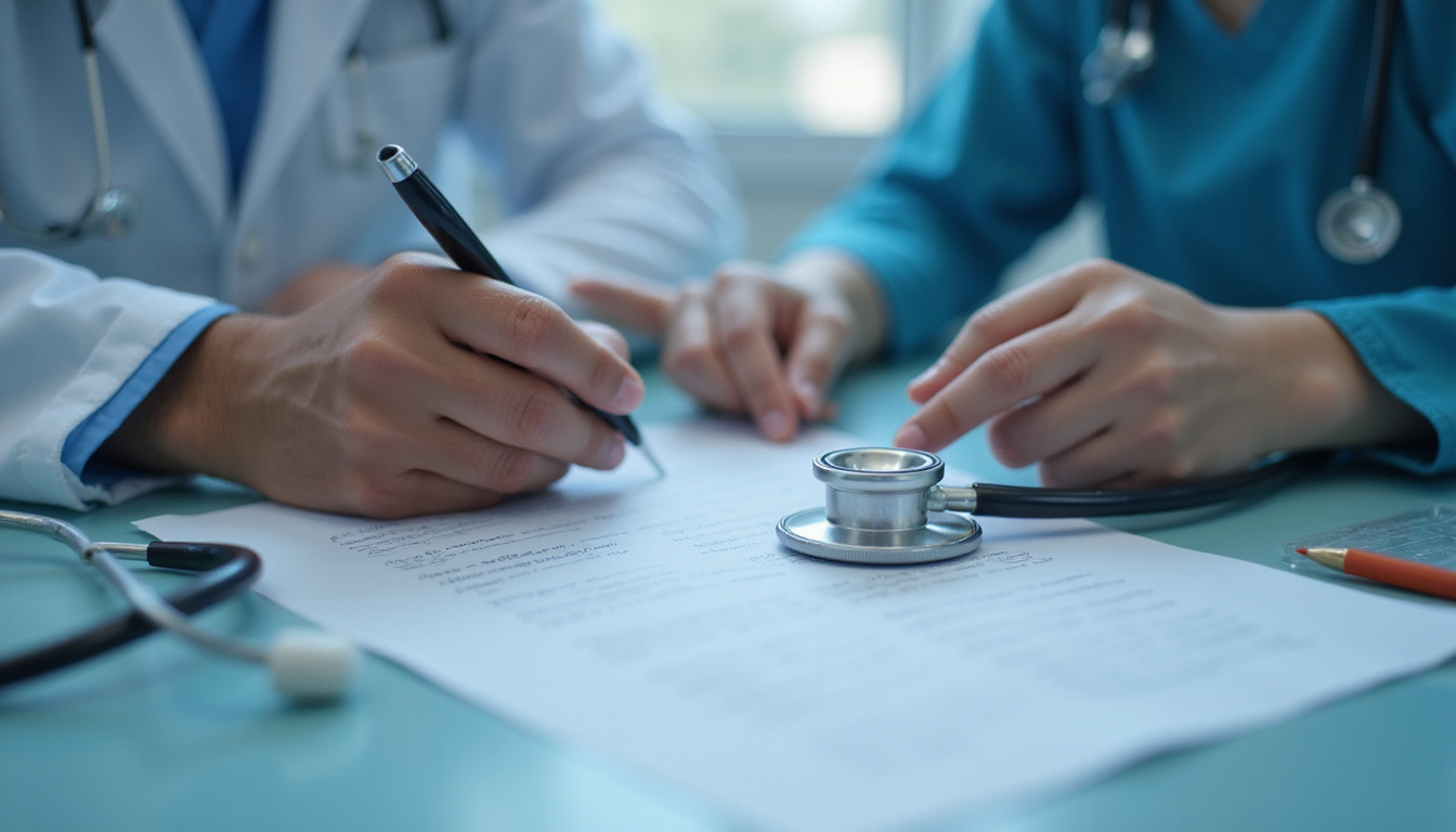  Close-up checklist, stethoscope, hands of doctor and nurse collaborating, cinematic dramatic light