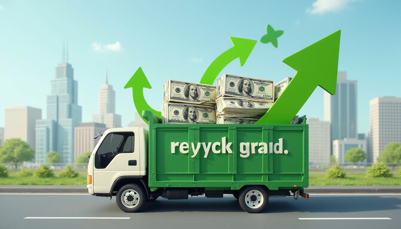 Recycling truck with green arrows, stacked machines transforming into dollar bills, eco-friendly city backdrop