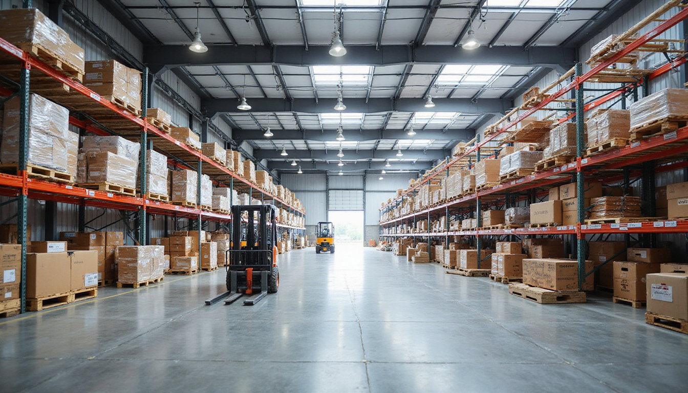  Bright airy reorganized warehouse open square footage sunlight polished concrete clearly labeled racks forklift efficiency