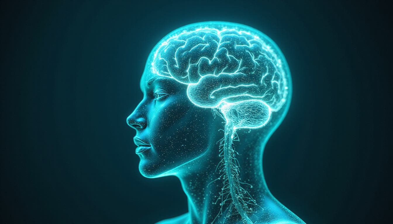 Transparent head with glowing synapses rewiring into orderly patterns, soft blue-green light