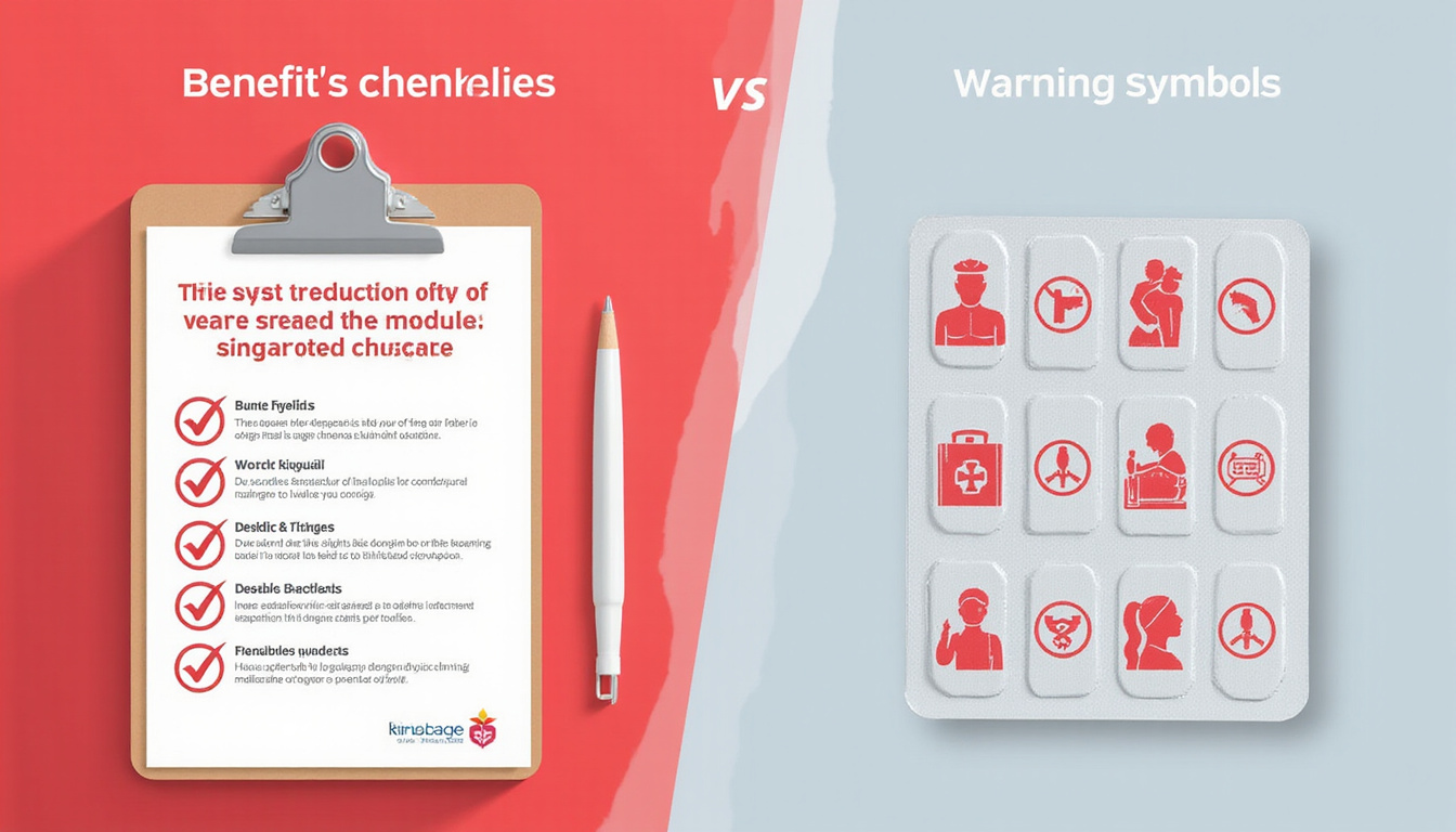  High-contrast medical infographic, benefits checklist vs red warning symbols, blister pack and clipboard