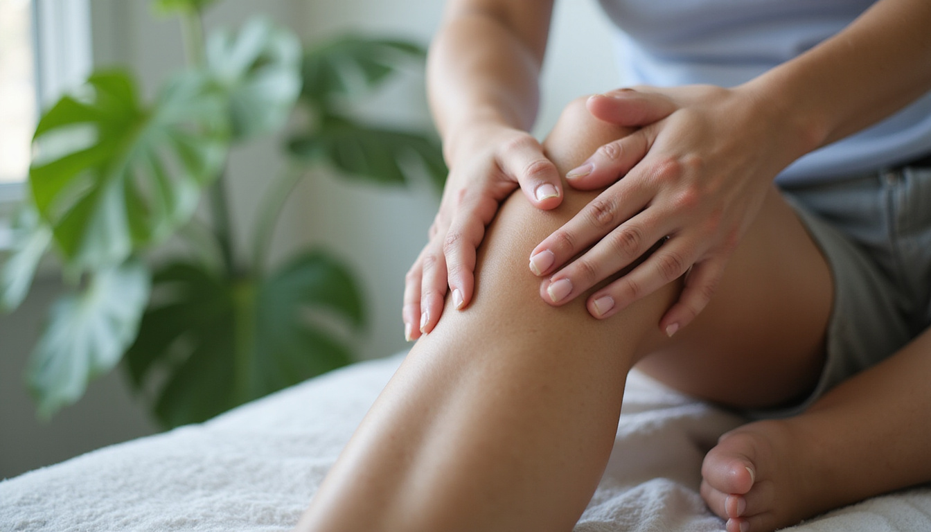 Close-up hands massaging aching knee, expert technique, calming green plants, clinical yet cozy atmosphere