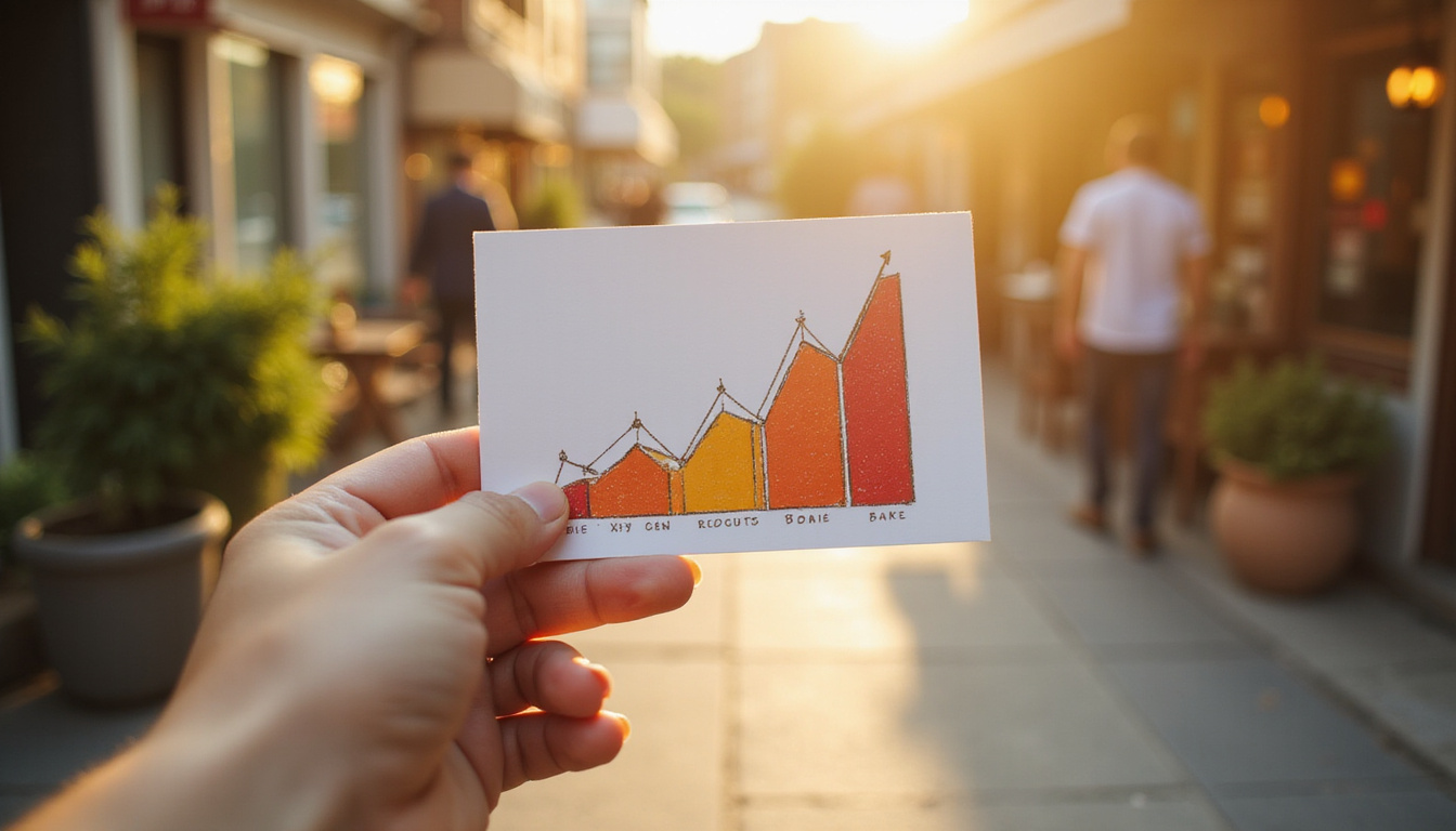 Hand holding embossed postcard near local cafe, warm sunlight, rising sales graph