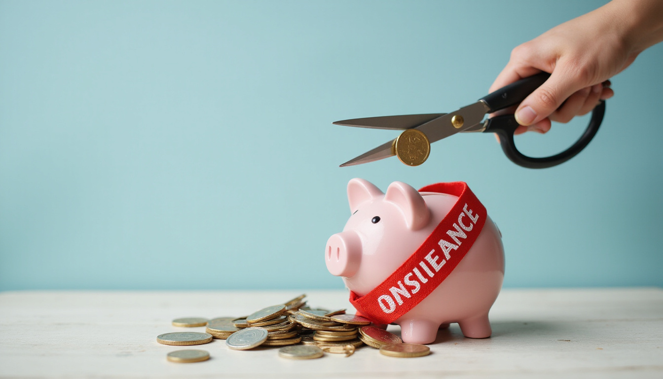 Scissors cutting red insurance ribbon over house-shaped piggy bank, coins spilling, studio lighting